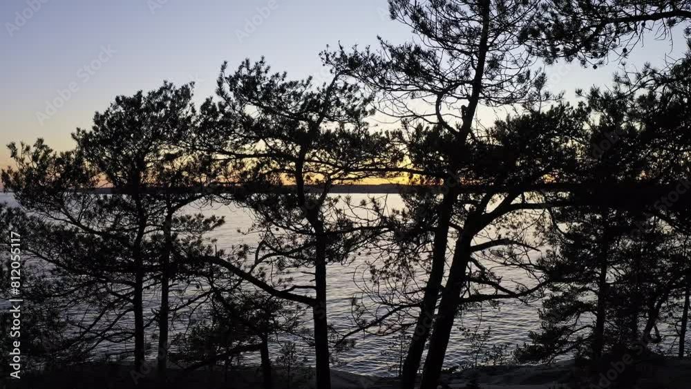 Experience the mesmerizing sight of the sun setting over the water, casting a warm glow through the trees Experience the mesmerizing sight of the sun setting over the water, casting a warm glow through the trees