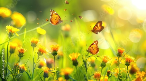 Butterflies Spring. Yellow Santolina Flowers and Butterflies in Meadow Macro Shot