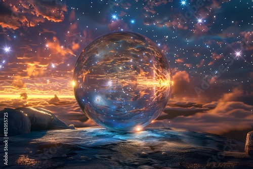 Crystal ball in space background filled with cosmic stars  planets  galaxies.