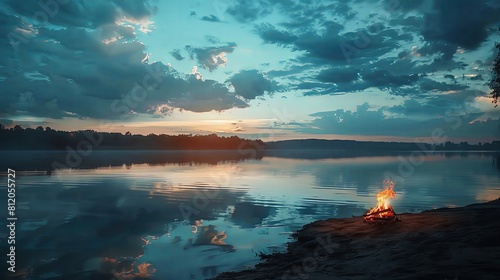 Serene image of a calm lake reflecting the sky, surrounded by earthen trails, with a campfire nearby and a gentle breeze, illustrating all five elements.