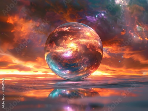 Crystal ball in space background filled with cosmic stars, planets, galaxies.