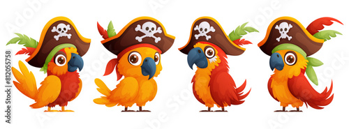 Set of cartoon pirate birds in a ship captains hat. A cute and bright parrot in a large pirate hat. Vector illustration.