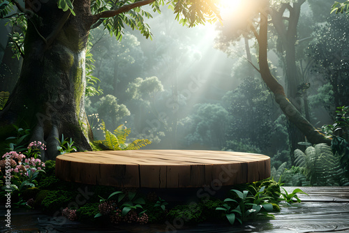 Stone podium at magic forest, plants, green moss, herbs, dew - 3D mockup background beauty product presentation concept. Copy space platform for Cosmetics, perfume fashion sales advertising stand.