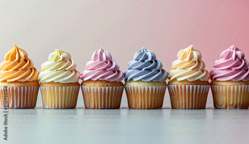 Colorful cupcakes elegant with glossy icing light reflective surface. Background, place for text