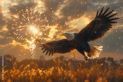 Flying eagle with American flag and fireworks on background, 4 July Independence Day celebration.
