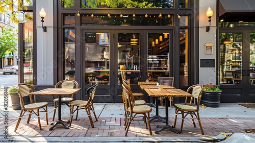 Entrance of coffee shop with tables and chairs on sidewalk