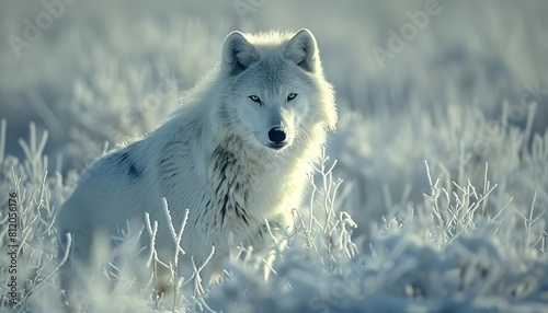 Fotografie An arctic wolf blending into its snowy surroundings, its white fur providing cam