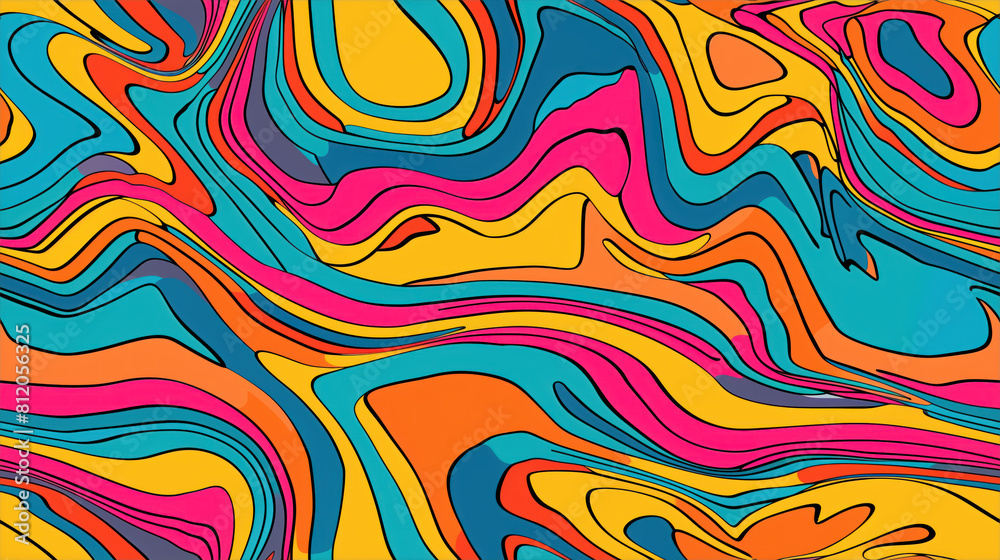 Groovy psychedelic background. Doodle, rainbow colors. Vintage background, cool wavy lines in 1960s style.