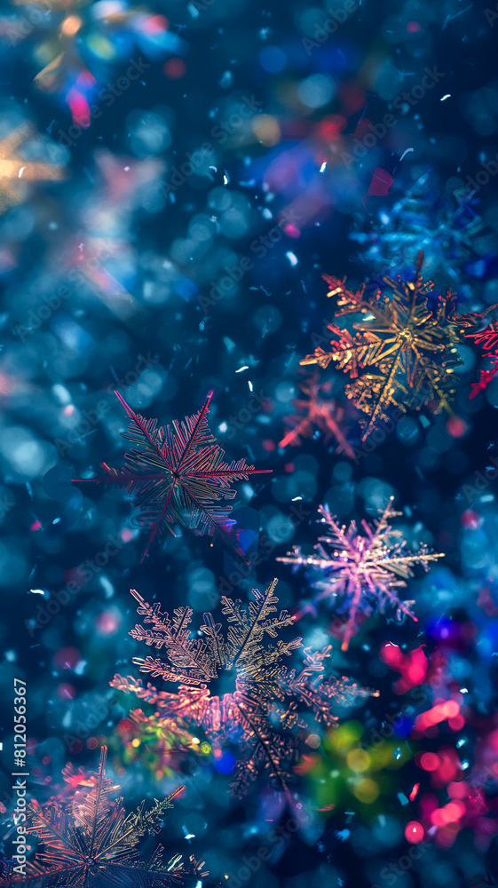 Many snowflakes of various dendritic shapes and various colors and shades on a dark blue anthracite background idea for a New Year's screensaver