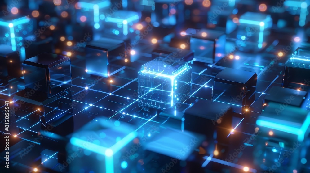 An artists concept of a decentralized blockchain system, visualized as an infinite grid of glowing cubes