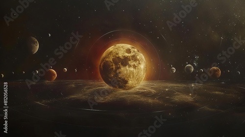 An artistic interpretation of a lunar eclipse, with celestial bodies and orbits illustrated around the shadowed moon