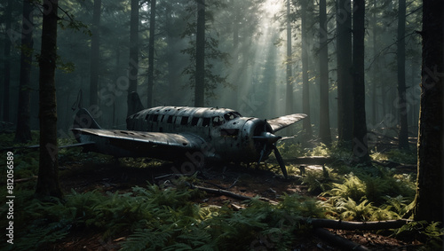 A wrecked plane lies abandoned in the middle of a deep spooky forest wit