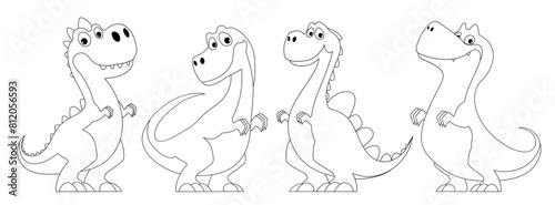 Set of cute dinosaurs, black lines coloring book. A funny and amusing dinosaur with a quirky look and yellow scales poses. Prehistoric, primitive animal depicted for children, cards and prints.