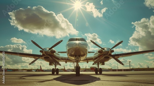 Plane with propellers parked at airport on sunny day