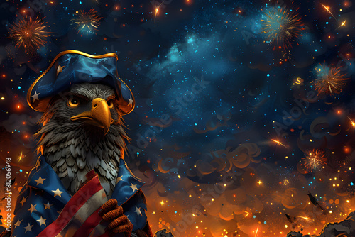 Flying eagle with American flag and fireworks on background, 4 July Independence Day celebration.