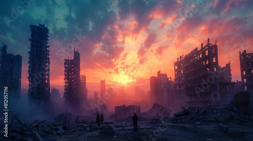 A striking crimson sunset illuminates the silhouette of a war-torn urban landscape, with residents moving amidst the ruins.