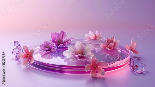 A round flat flowers in the middle some glass flowers around pink and purple color 3D colors studio lights minimalist product display mock up photorealistic natural objects