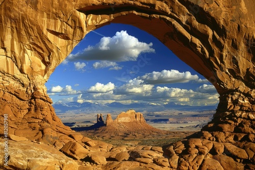 Stone Arches in Arches Nationl Park, North Window, Utah. Stunning Sandstone Rock Formations in American Desert photo