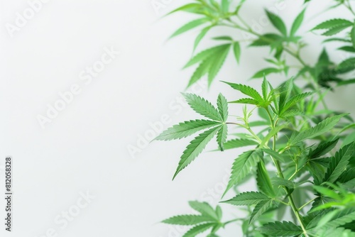 Cannabis Plant on White Background. Growing Green Leaves of Medicinal Ganja in Wild Plant Culture