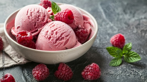 Raspberry ice cream scoops with fresh raspberries in a bowl on the table