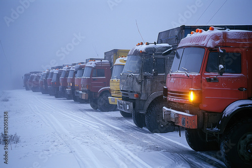 truck line in the snow fall