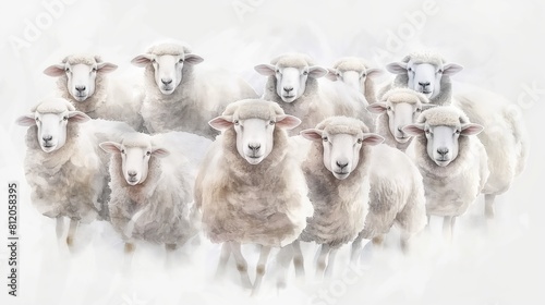 A charming watercolor painting of a flock of sheep, each sheep rendered in fluffy whites and soft grays, giving a sense of texture and softness, on a white background. 