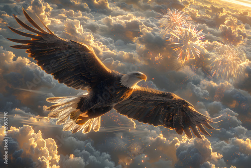Flying eagle with American flag and fireworks on background, 4 July Independence Day celebration.