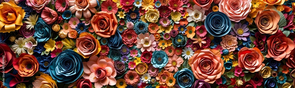 A colorful paper craft flower bouquet. 3d rendering, Rose, daisy, dahlia, and others, floral botanical wallpaper. The scene is cheerful and vibrant A colorful paper craft flower bouquet. 3d rendering, Rose, daisy, dahlia, and others, floral botanical wallpaper. The scene is cheerful and vibrant