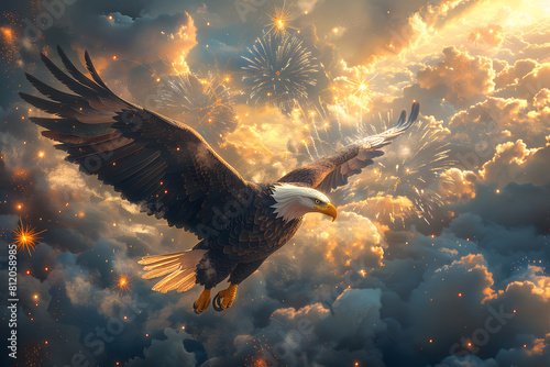 Flying eagle with American flag and fireworks on background, 4 July Independence Day celebration.