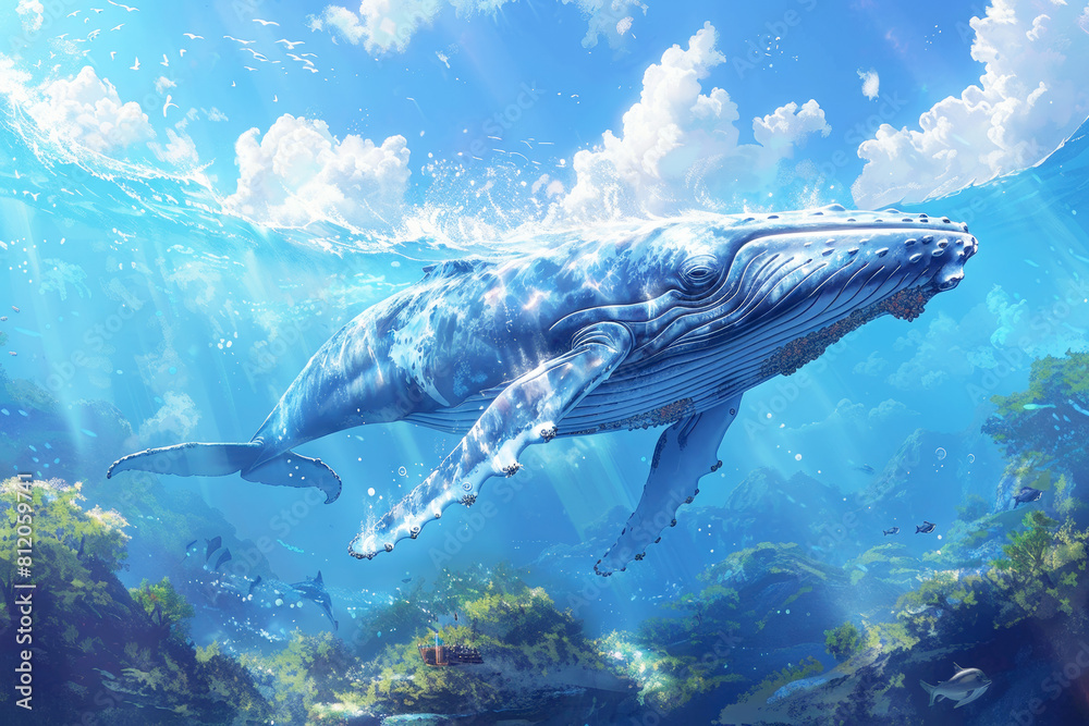 Serene underwater scene with a majestic whale.