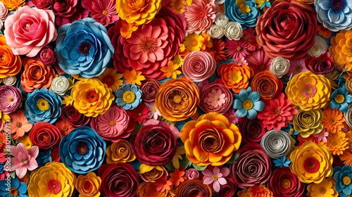 A colorful paper craft flower bouquet with a variety of colors. 3d rendering  abstract wide panoramic floral background