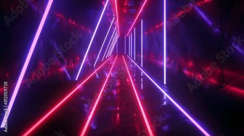 A long narrow futuristic Neon Light Tunnel with red and purple lights. The lights are arranged in a way that they seem to be moving. The scene is energetic and exciting photo