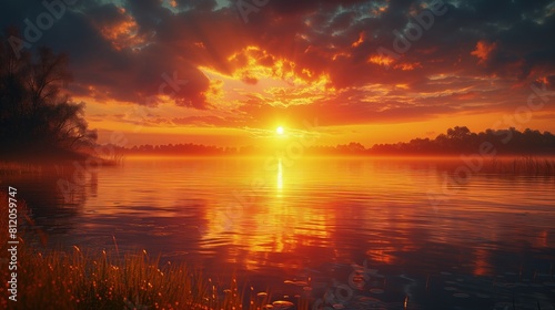 Słońce zachodzi nad jeziorem, a w pierwszym planie widoczna jest zielona trawa. Obraz przedstawia spokojny krajobraz natury w chwili zachodzącego słońca photo