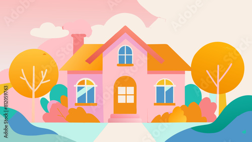 Charming Pink House in a Whimsical Pastel Landscape