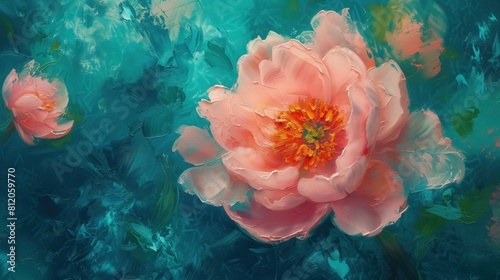 Obraz przedstawia różowy kwiat na niebieskim tle. Kwiat jest centralnym punktem i dominuje na obrazie, kontrastując z jasnym niebieskim tłem