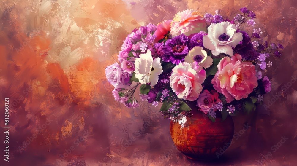 Fototapeta premium Happy Mother's day background, Mothers day flowers in vase done, Elegant floral colors of purple pink white and peach in dark green and rusted orange vase