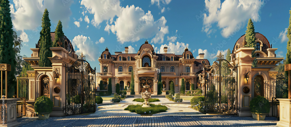 A image of a luxurious mansion estate with gated entrance, sprawling grounds, and opulent interiors, epitomizing grandeur and extravagance