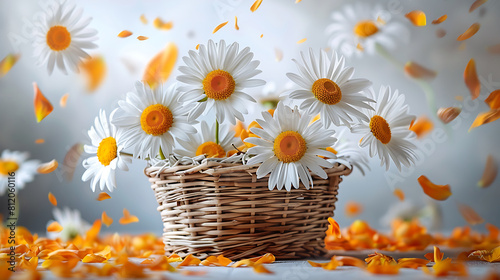 Daisy flower petals fall from above in a basket with flowers on a white background (ID: 812060116)