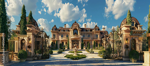 A image of a luxurious mansion estate with gated entrance, sprawling grounds, and opulent interiors, epitomizing grandeur and extravagance