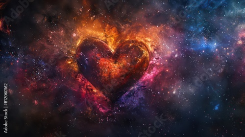 Large fiery flaming heart on a dark blue background