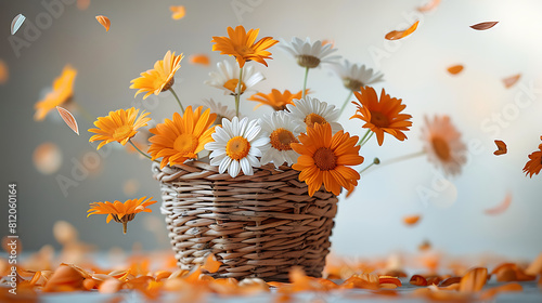 Daisy flower petals fall from above in a basket with flowers on a white background (ID: 812060164)