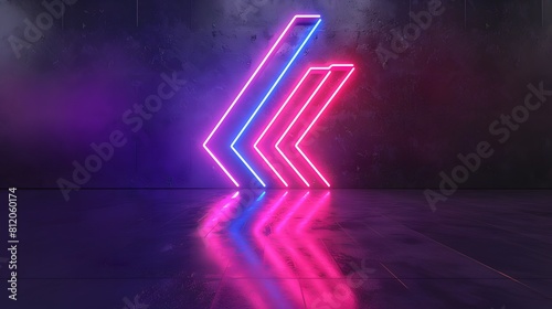 Neon Arrows Illumination on Reflective Surface, 3d render, The arrows point to the left, creating a dynamic sense of movement. The neon lights reflect beautifully on the glossy floor beneath