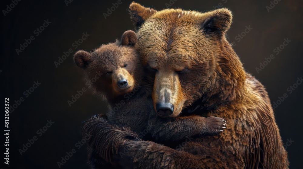 Hyper realistic super cute mama bear hugging baby bear. Happy mother's day greeting card concept