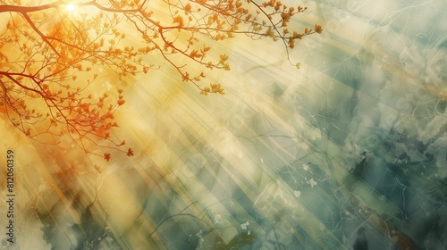 Malarstwo przedstawiające drzewo z promieniami słonecznymi przenikającymi przez gałęzie, tworząc abstrakcyjną ilustrację photo