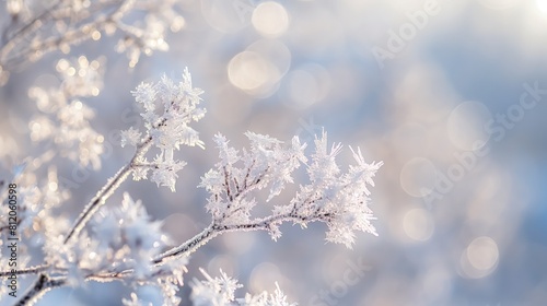 A close-up of intricate ice crystals forming on a branch against a soft-focus snowy background. 