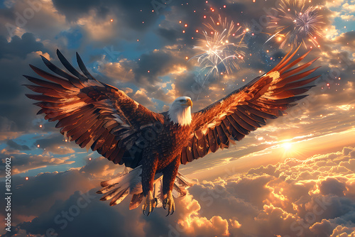 Flying eagle with American flag and fireworks on background, 4 July Independence Day celebration.