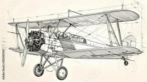 A technical drawing of a vintage biplane, showcasing the wing riggings and cockpit