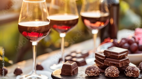 A decadent chocolate and wine tasting event in a private vineyard, with guests enjoying the finest pairings