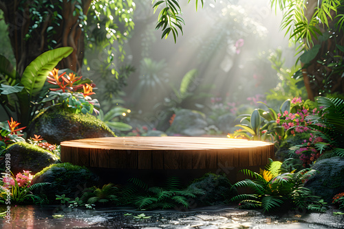 Stone podium at magic forest, plants, green moss, herbs, dew - 3D mockup background beauty product presentation concept. Copy space platform for Cosmetics, perfume fashion sales advertising stand.
