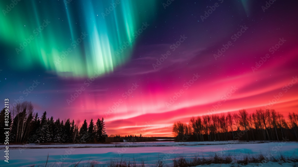 Fototapeta premium Pink and Green Aurora Over Snowy Forest - made with Generative AI